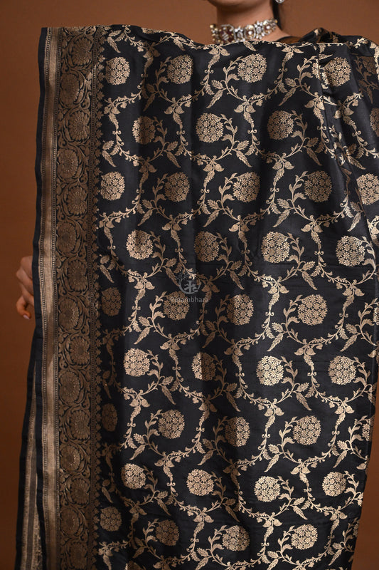 Noushk - Black Handloom Banarasi Silk Dupatta with Gold Zari Floral Jaal