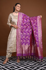 Noushk - Violet shot Red Handloom Banarasi Silk Dupatta with Gold Zari border and floral jaal all over.-Rutambhara-RUTAMBHARA