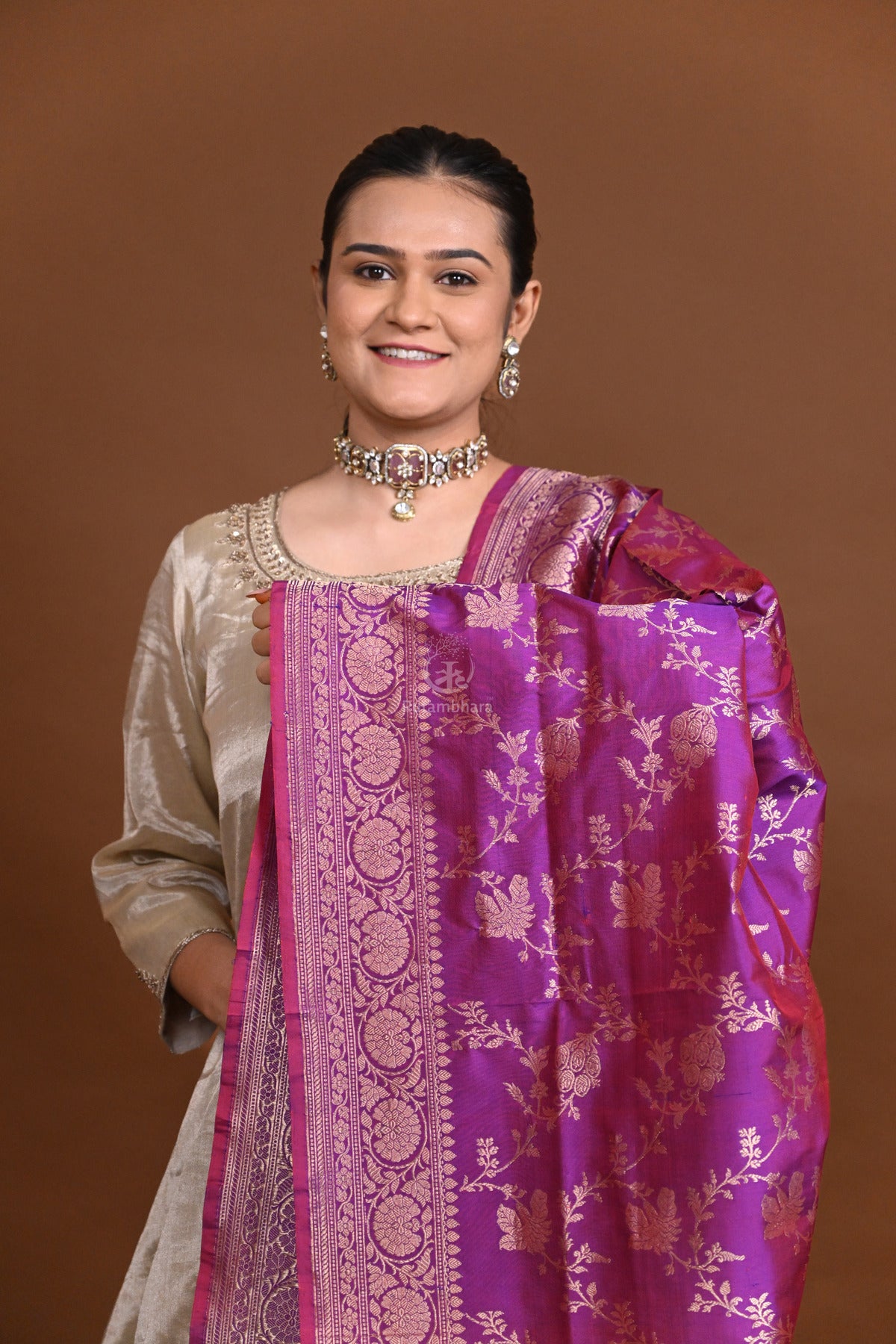 Noushk - Violet shot Red Handloom Banarasi Silk Dupatta with Gold Zari border and floral jaal all over.