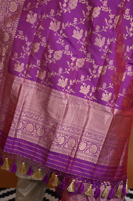 Noushk - Violet shot Red Handloom Banarasi Silk Dupatta with Gold Zari border and floral jaal all over.