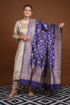 Noushk - Royal Blue Handloom Banarasi Silk Dupatta with Gold Zari border and floral jaal all over