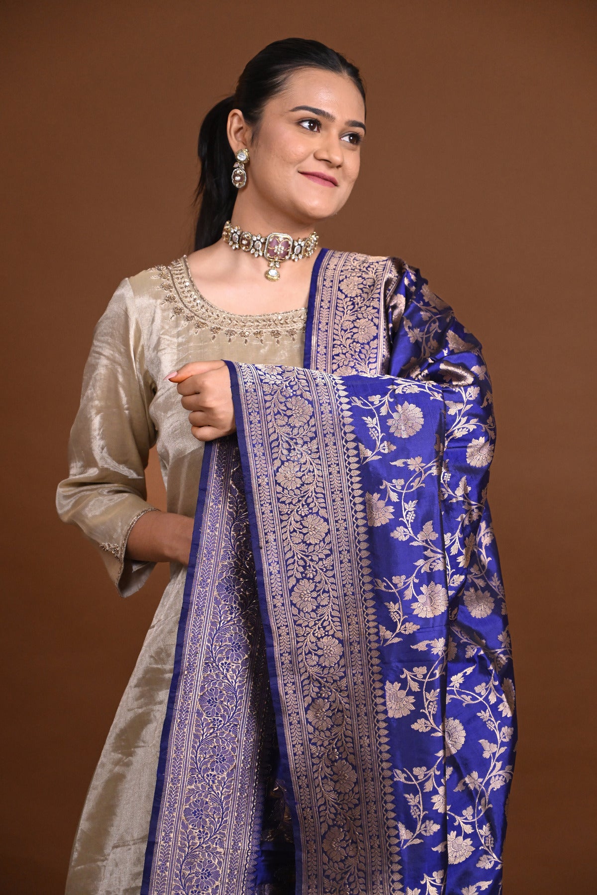 Noushk - Royal Blue Handloom Banarasi Silk Dupatta with Gold Zari border and floral jaal all over