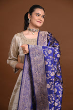 Noushk - Royal Blue Handloom Banarasi Silk Dupatta with Gold Zari border and floral jaal all over-Rutambhara-RUTAMBHARA