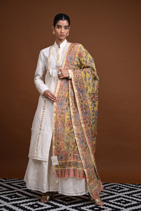 Hand Painted Pen Kalamkari Chanderi Dupatta-Rutambhara-RUTAMBHARA