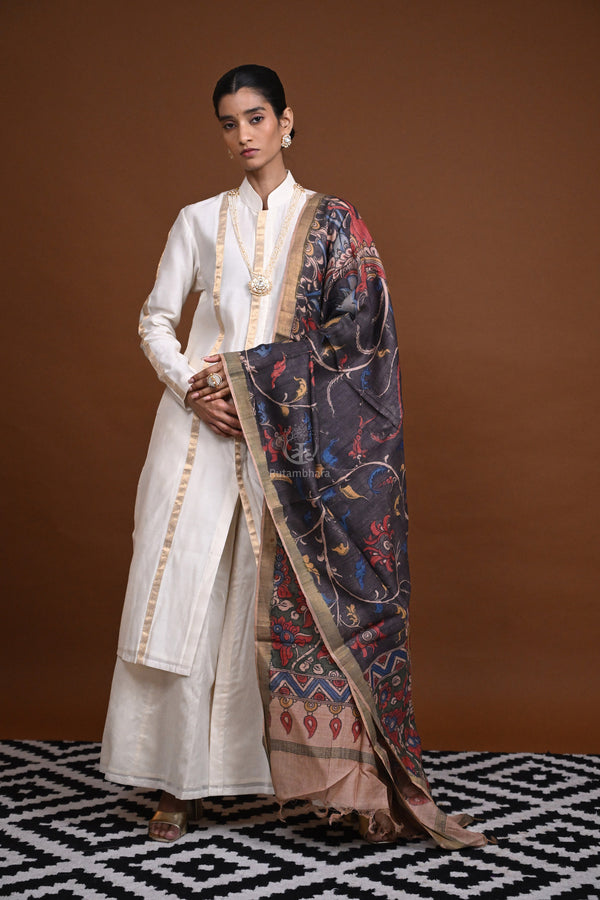 Hand Painted Pen Kalamkari Tussar Silk Dupatta-Rutambhara-RUTAMBHARA