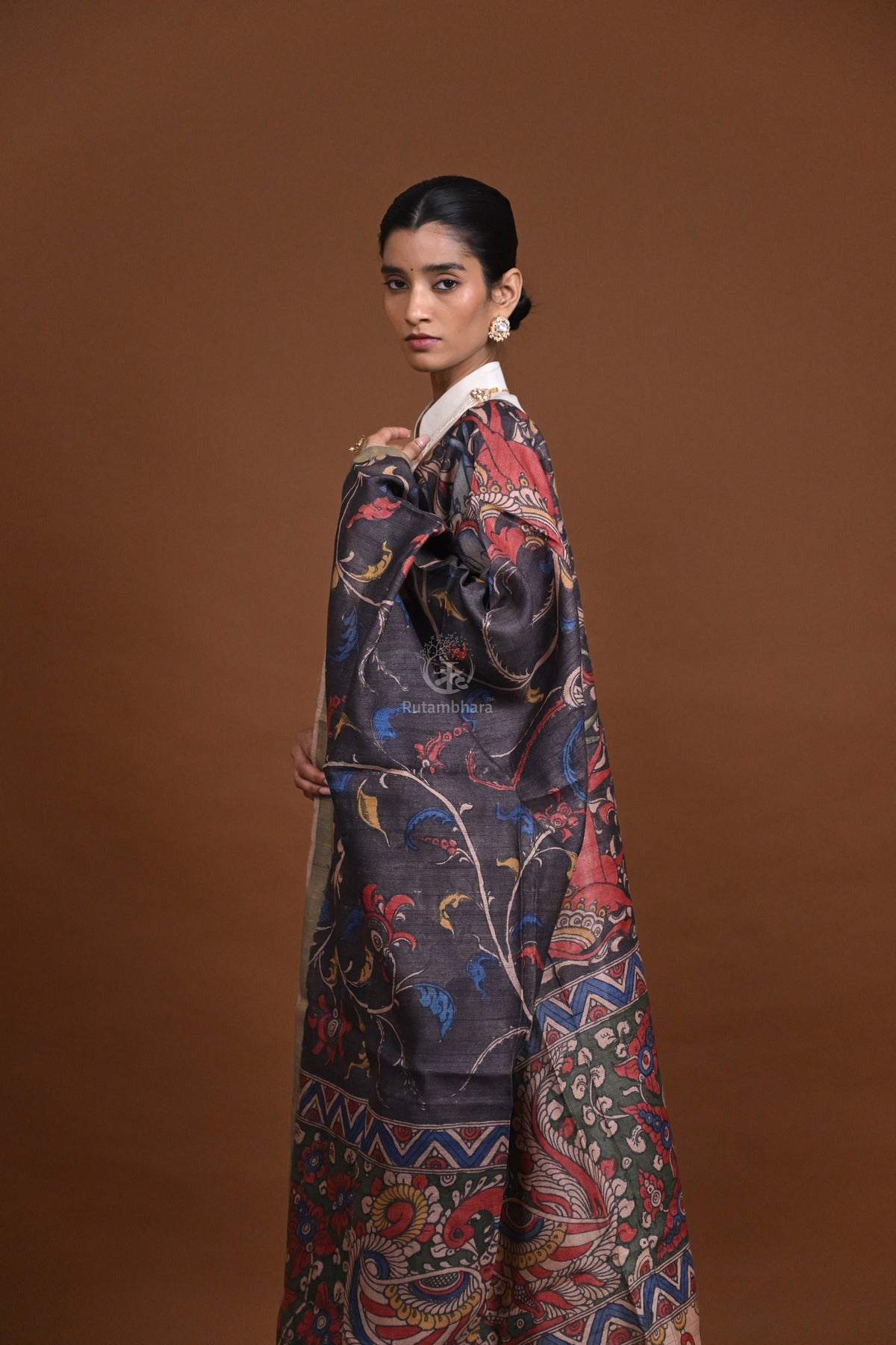 Hand Painted Pen Kalamkari Tussar Silk Dupatta-Rutambhara-RUTAMBHARA