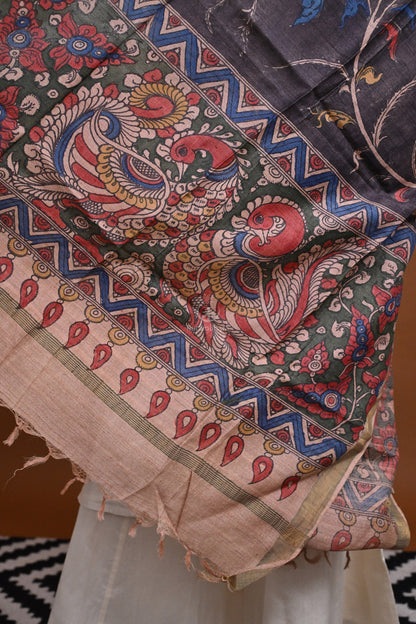 Hand Painted Pen Kalamkari Tussar Silk Dupatta-Rutambhara-RUTAMBHARA