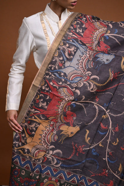 Hand Painted Pen Kalamkari Tussar Silk Dupatta-Rutambhara-RUTAMBHARA