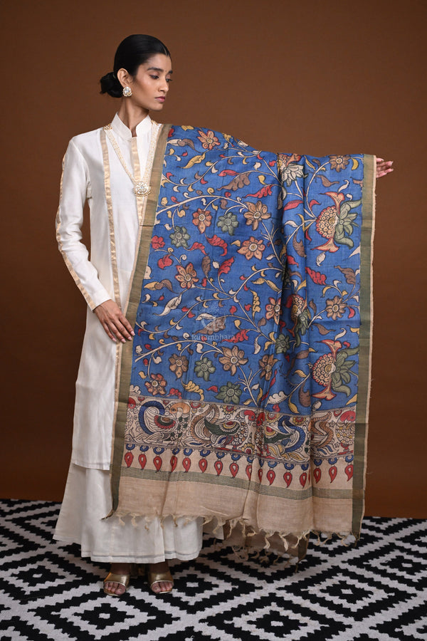 Hand Painted Pen Kalamkari Tussar Silk Dupatta-Rutambhara-RUTAMBHARA