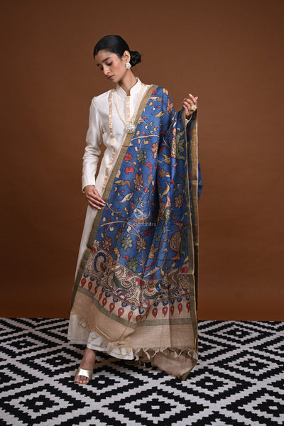 Hand Painted Pen Kalamkari Tussar Silk Dupatta-Rutambhara-RUTAMBHARA