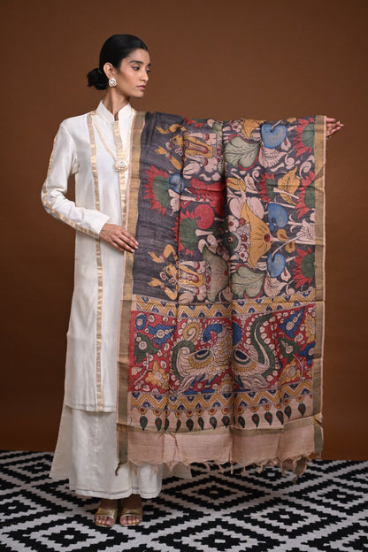Hand Painted Pen Kalamkari Tussar Silk Dupatta-Rutambhara-RUTAMBHARA