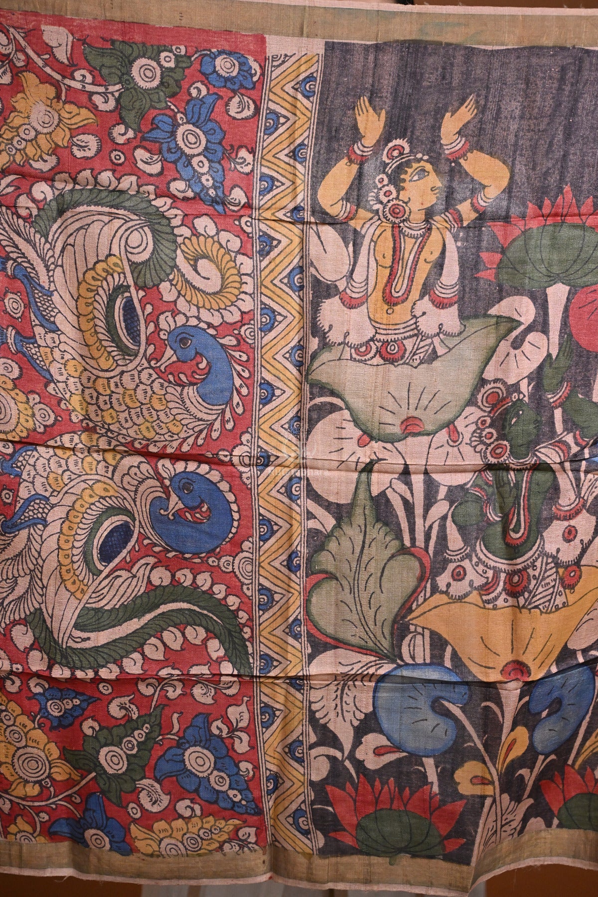 Hand Painted Pen Kalamkari Tussar Silk Dupatta-Rutambhara-RUTAMBHARA