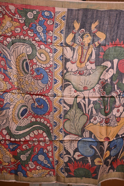 Hand Painted Pen Kalamkari Tussar Silk Dupatta-Rutambhara-RUTAMBHARA