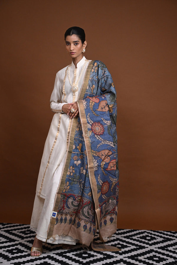 Hand Painted Pen Kalamkari Tussar Silk Dupatta-Rutambhara-RUTAMBHARA