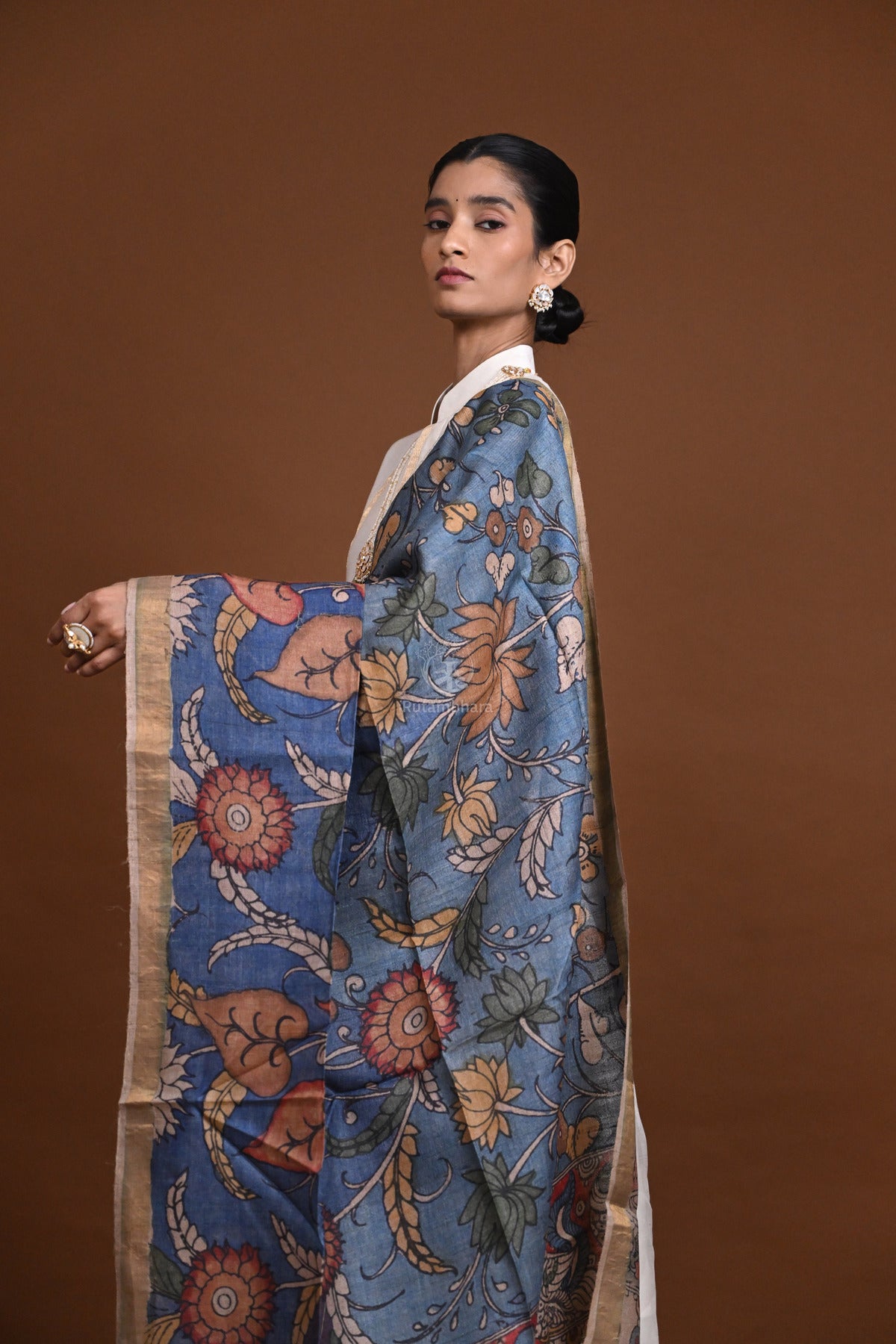 Hand Painted Pen Kalamkari Tussar Silk Dupatta
