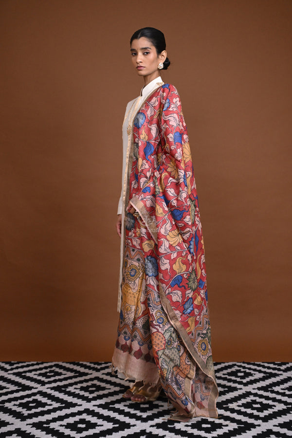 Hand Painted Pen Kalamkari Tussar Silk Dupatta-Rutambhara-RUTAMBHARA