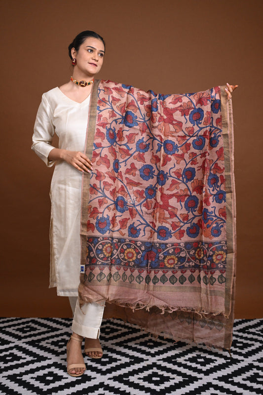 Hand Painted Pen Kalamkari Tussar Silk Dupatta