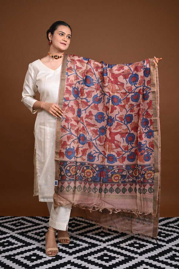 Hand Painted Pen Kalamkari Tussar Silk Dupatta-Rutambhara-RUTAMBHARA
