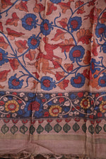 Hand Painted Pen Kalamkari Tussar Silk Dupatta-Rutambhara-RUTAMBHARA