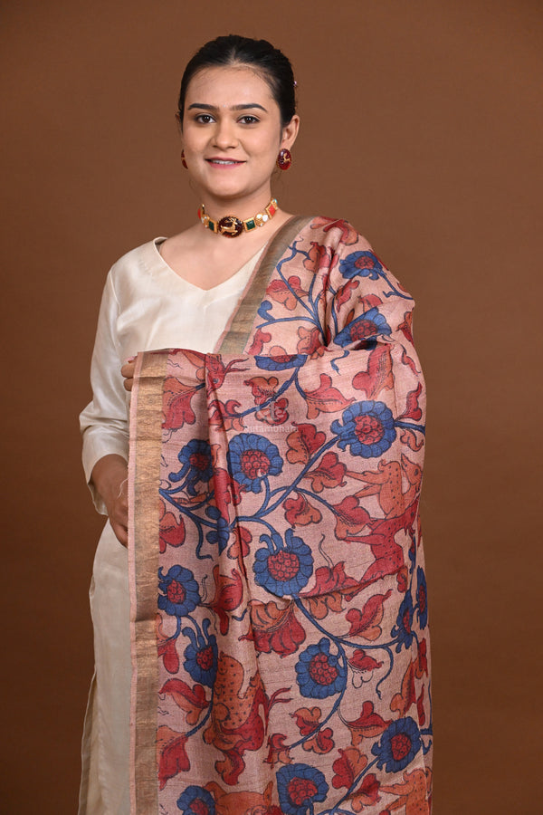 Hand Painted Pen Kalamkari Tussar Silk Dupatta-Rutambhara-RUTAMBHARA