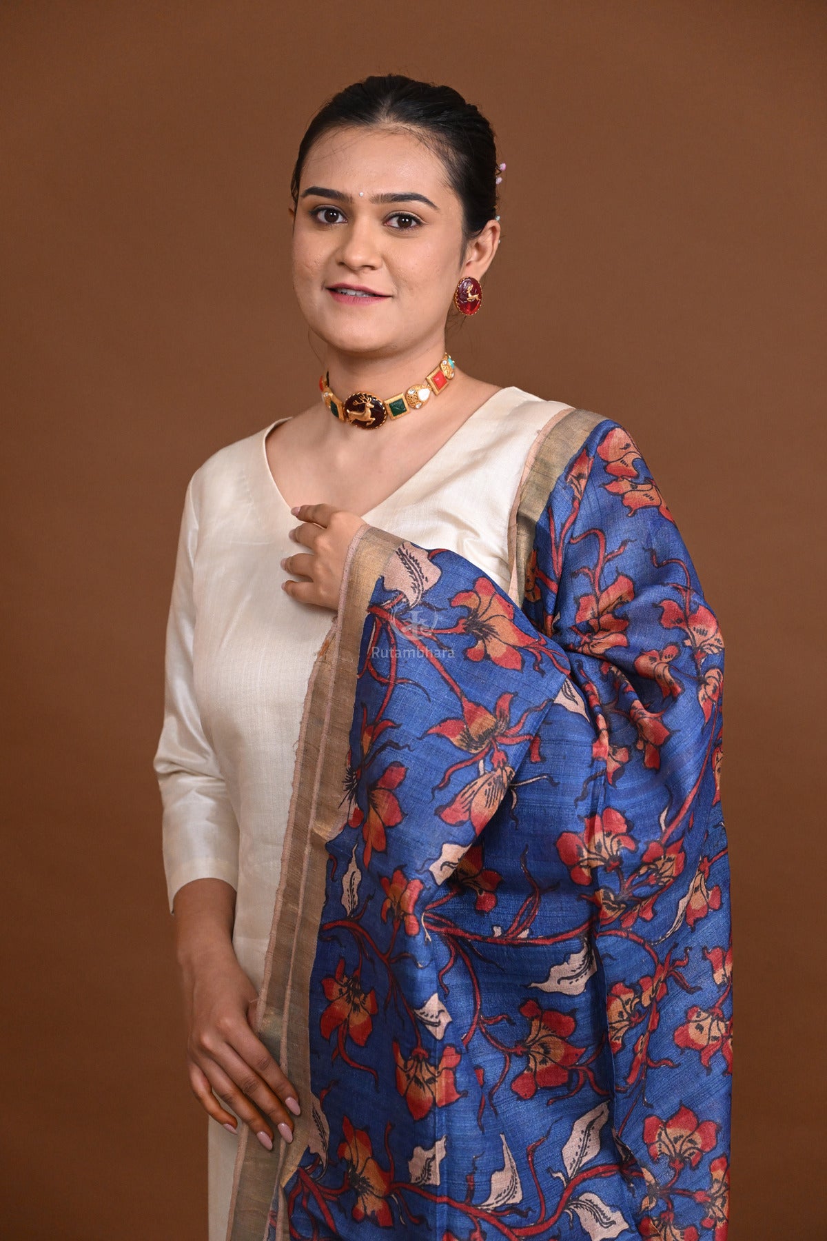 Hand Painted Pen Kalamkari Tussar Silk Dupatta
