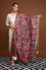 Hand Painted Pen Kalamkari Tussar Silk Dupatta-Rutambhara-RUTAMBHARA