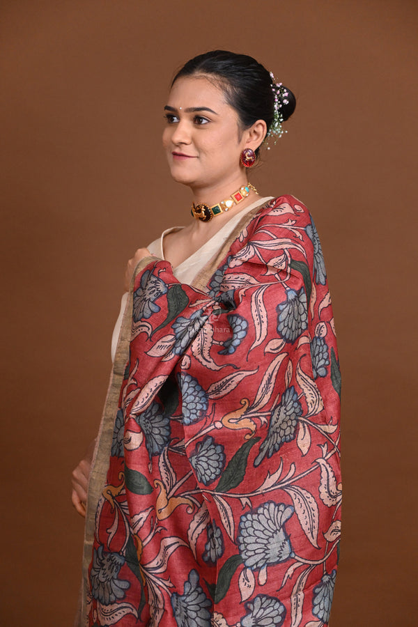 Hand Painted Pen Kalamkari Tussar Silk Dupatta-Rutambhara-RUTAMBHARA