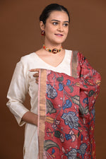 Hand Painted Pen Kalamkari Tussar Silk Dupatta-Rutambhara-RUTAMBHARA