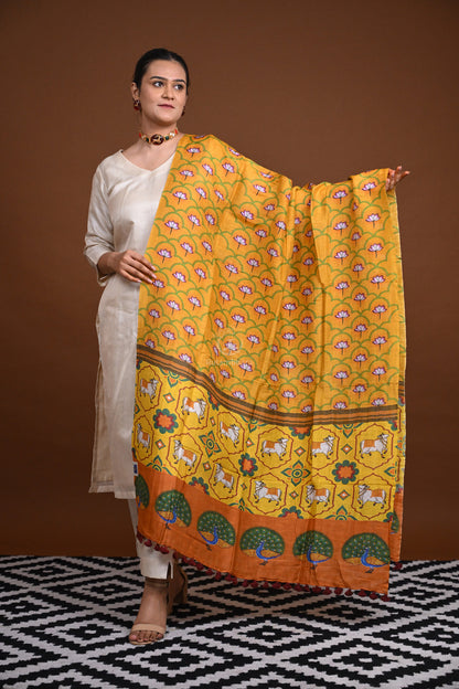 Pichwai Printed Tussar Linen Dupatta-Rutambhara-RUTAMBHARA