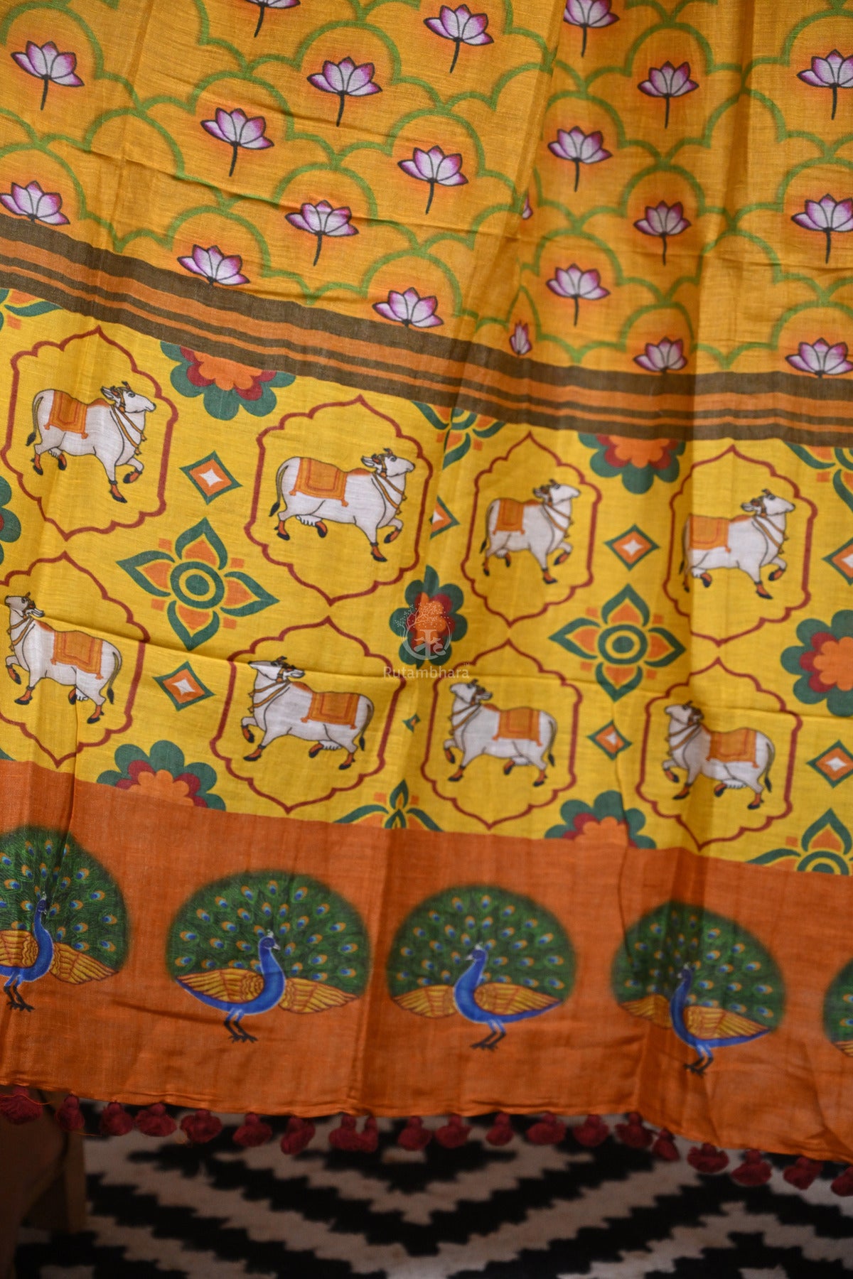 Pichwai Printed Tussar Linen Dupatta-Rutambhara-RUTAMBHARA