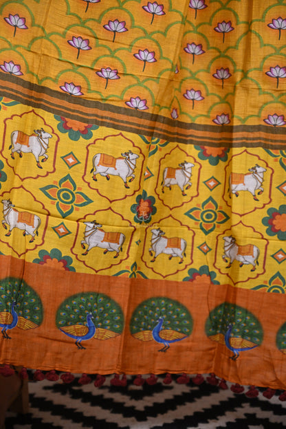 Pichwai Printed Tussar Linen Dupatta-Rutambhara-RUTAMBHARA
