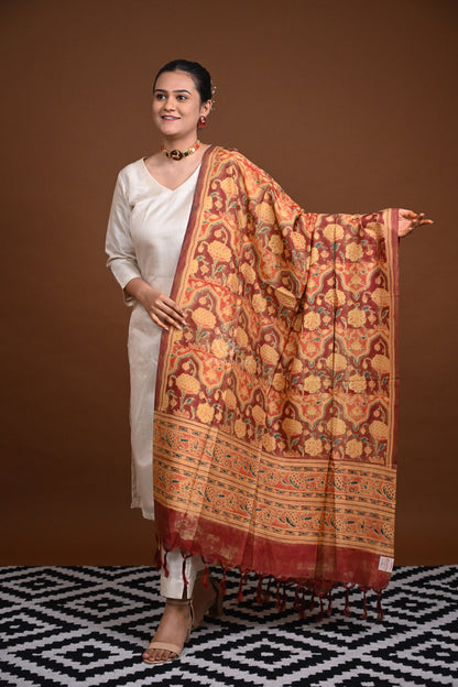 Vegetable Printed Natural Dye Silk Dupatta-Rutambhara-RUTAMBHARA