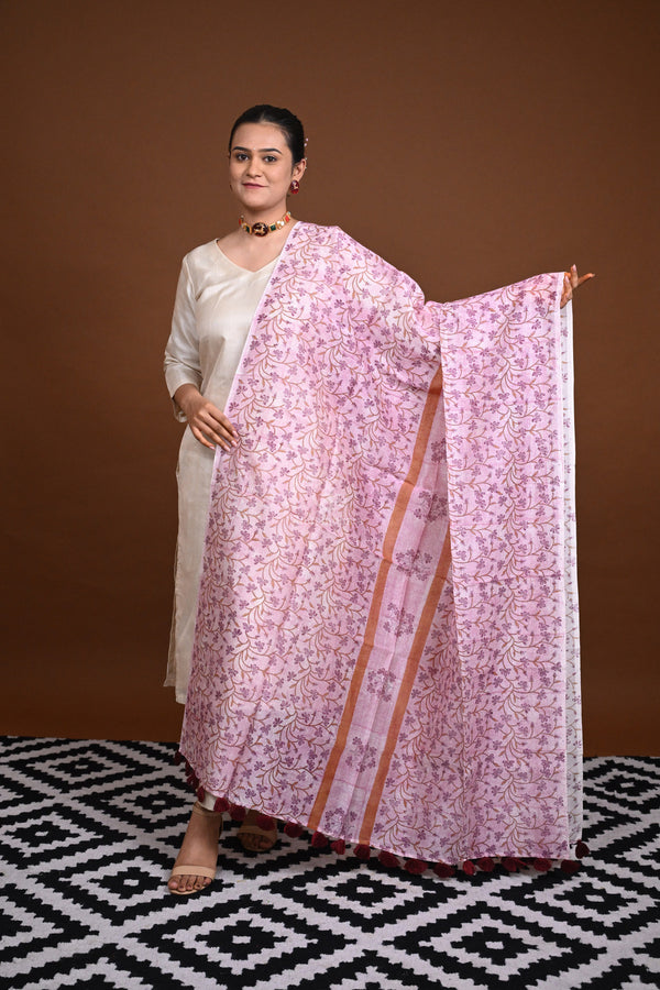 Hand Block Printed Chanderi Dupatta-Rutambhara-RUTAMBHARA