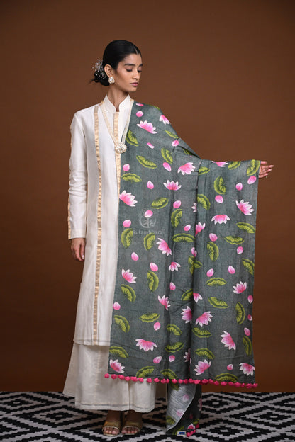 Pichwai Printed Tussar Linen Dupatta-Rutambhara-RUTAMBHARA