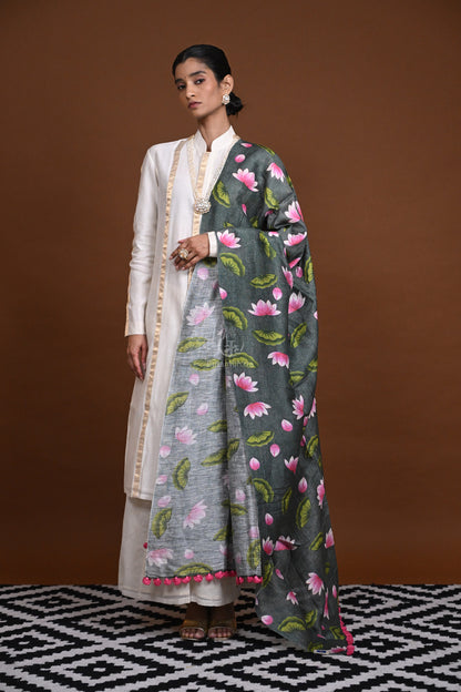 Pichwai Printed Tussar Linen Dupatta-Rutambhara-RUTAMBHARA