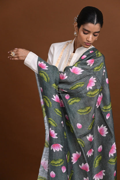 Pichwai Printed Tussar Linen Dupatta-Rutambhara-RUTAMBHARA