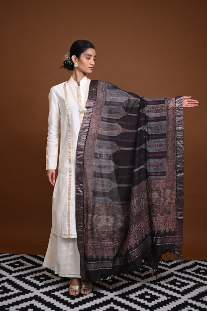 Ushraa - Black Handblock printed Ajrakh Mangalgiri Dupatta-Rutambhara-RUTAMBHARA