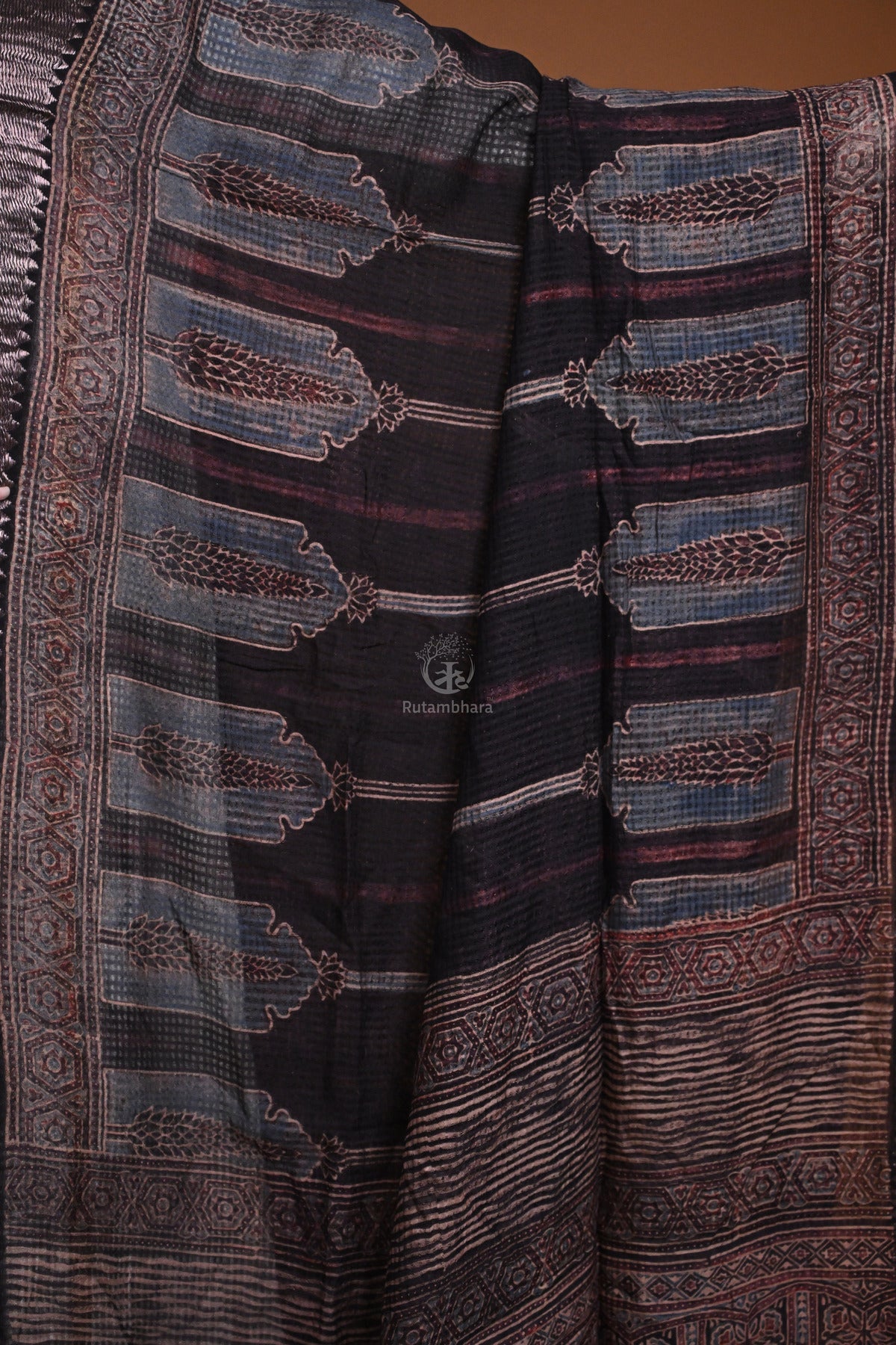 Ushraa - Black Handblock printed Ajrakh Mangalgiri Dupatta-Rutambhara-RUTAMBHARA