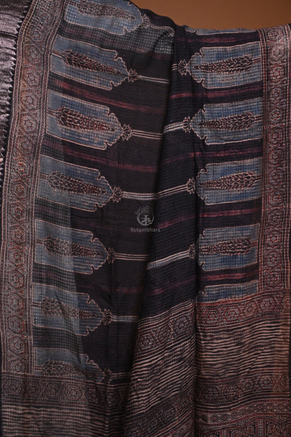 Ushraa - Black Handblock printed Ajrakh Mangalgiri Dupatta-Rutambhara-RUTAMBHARA