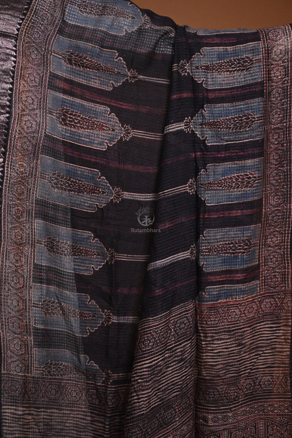 Ushraa - Black Handblock printed Ajrakh Mangalgiri Dupatta-Rutambhara-RUTAMBHARA