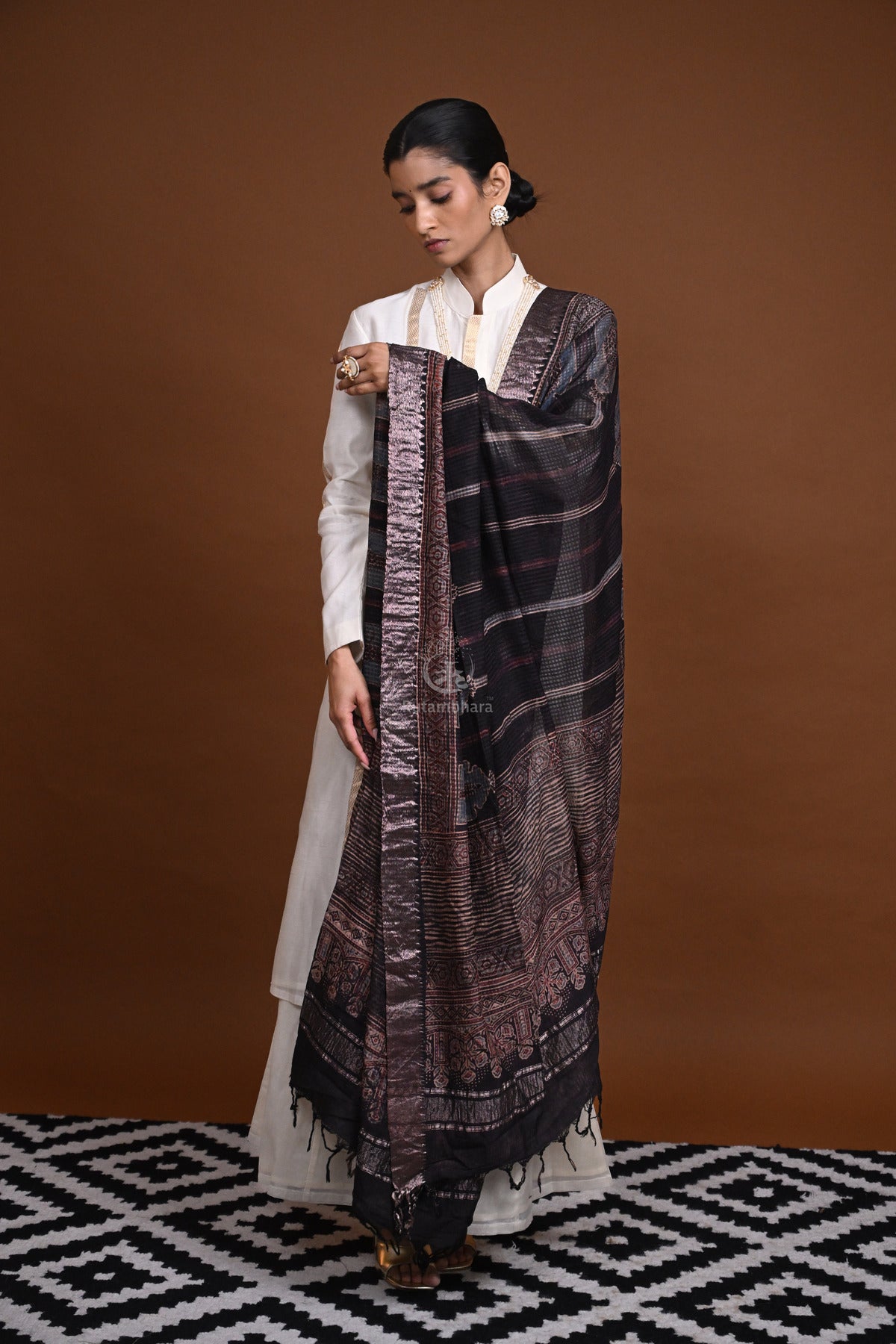 Ushraa - Black Handblock printed Ajrakh Mangalgiri Dupatta-Rutambhara-RUTAMBHARA