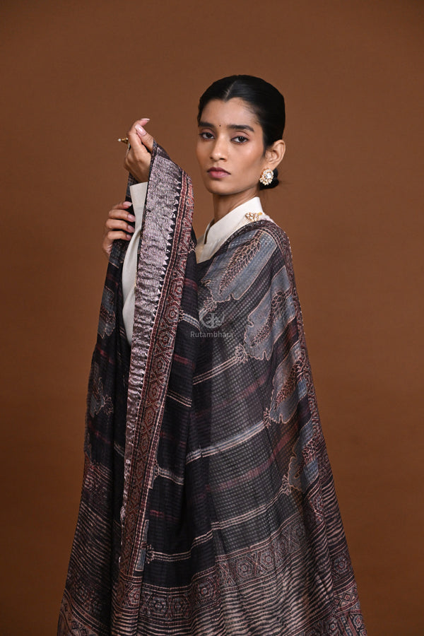Ushraa - Black Handblock printed Ajrakh Mangalgiri Dupatta-Rutambhara-RUTAMBHARA
