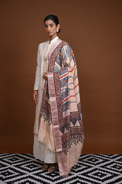 Ushraa - Beige Handblock printed Ajrakh Mangalgiri Dupatta-Rutambhara-RUTAMBHARA