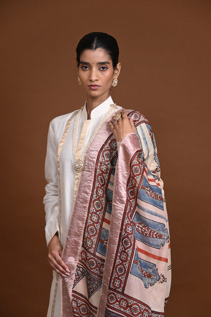 Ushraa - Beige Handblock printed Ajrakh Mangalgiri Dupatta-Rutambhara-RUTAMBHARA