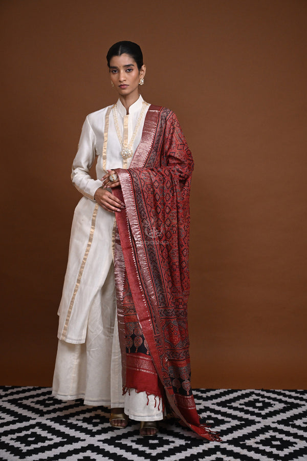 Ushraa - Deep Rust Orange Handblock printed Ajrakh Mangalgiri Dupatta-Rutambhara-RUTAMBHARA