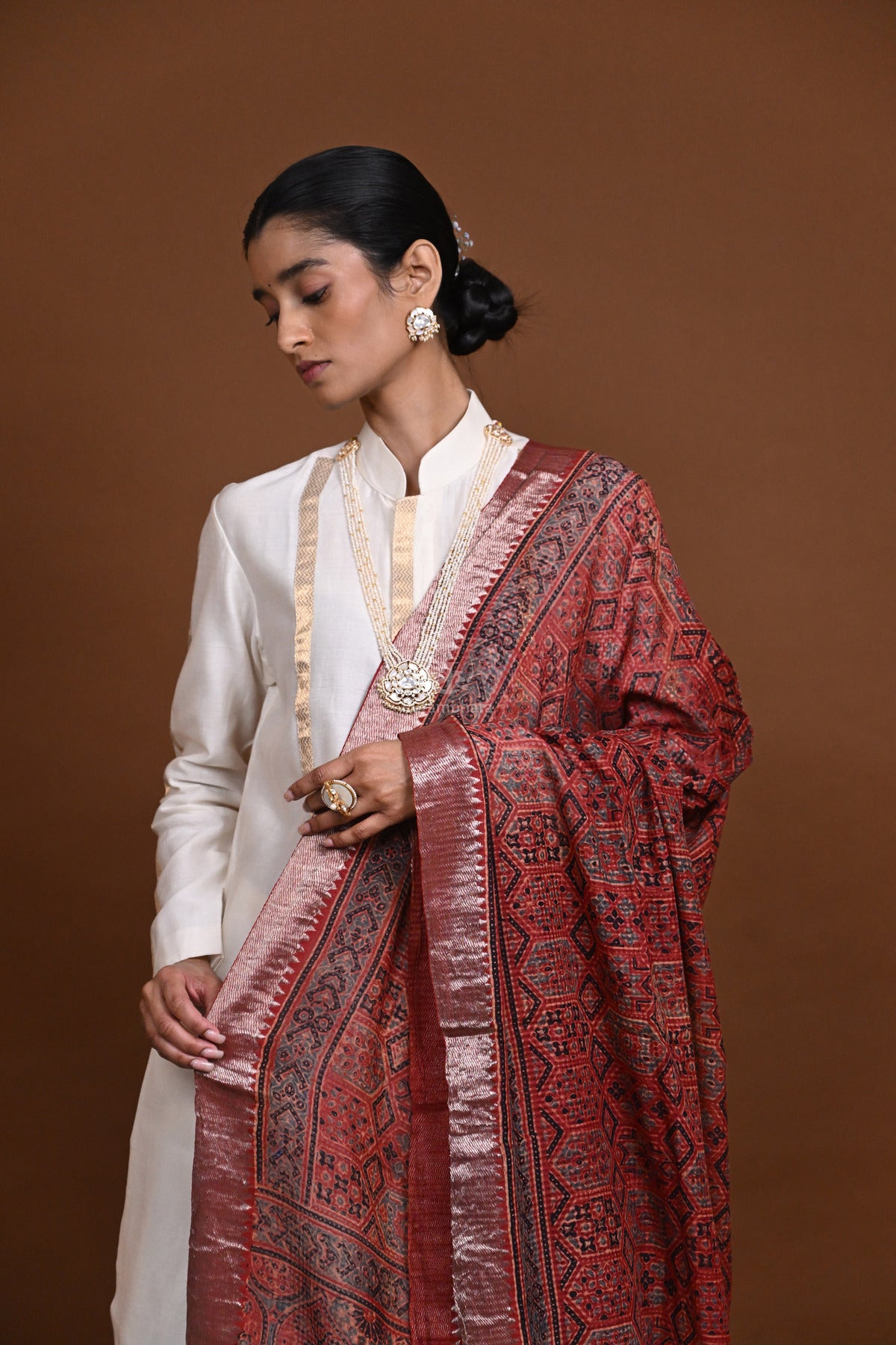 Ushraa - Deep Rust Orange Handblock printed Ajrakh Mangalgiri Dupatta-Rutambhara-RUTAMBHARA