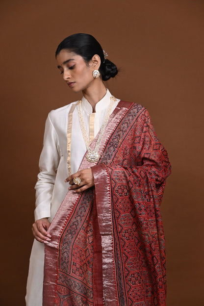 Ushraa - Deep Rust Orange Handblock printed Ajrakh Mangalgiri Dupatta-Rutambhara-RUTAMBHARA