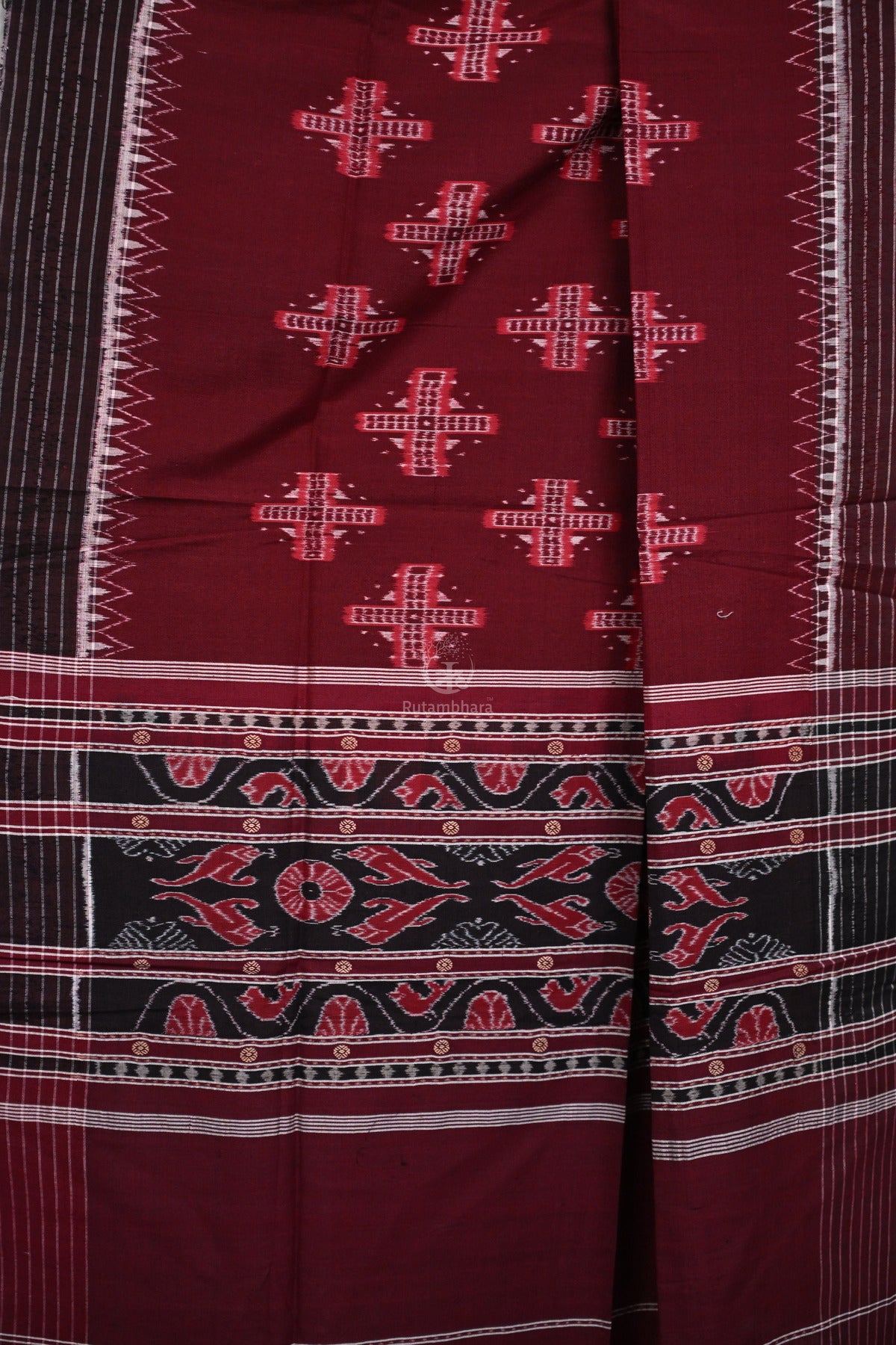 Krasha - Maroon Red Handwoven Cotton Silk Sambalpuri Ikat Dupatta-Rutambhara-RUTAMBHARA