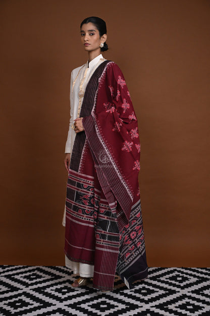 Krasha - Maroon Red Handwoven Cotton Silk Sambalpuri Ikat Dupatta-Rutambhara-RUTAMBHARA