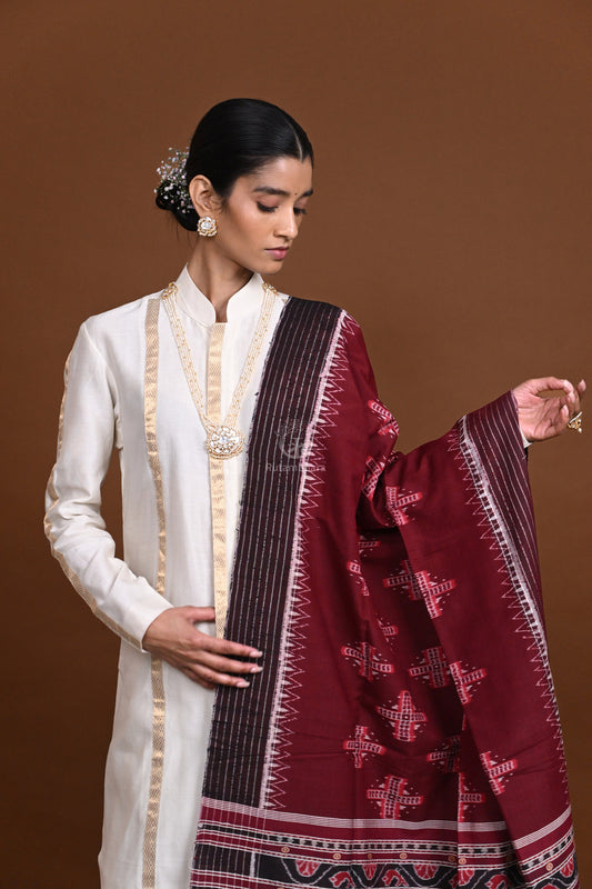 Krasha - Maroon Red Handwoven Cotton Silk Sambalpuri Ikat Dupatta